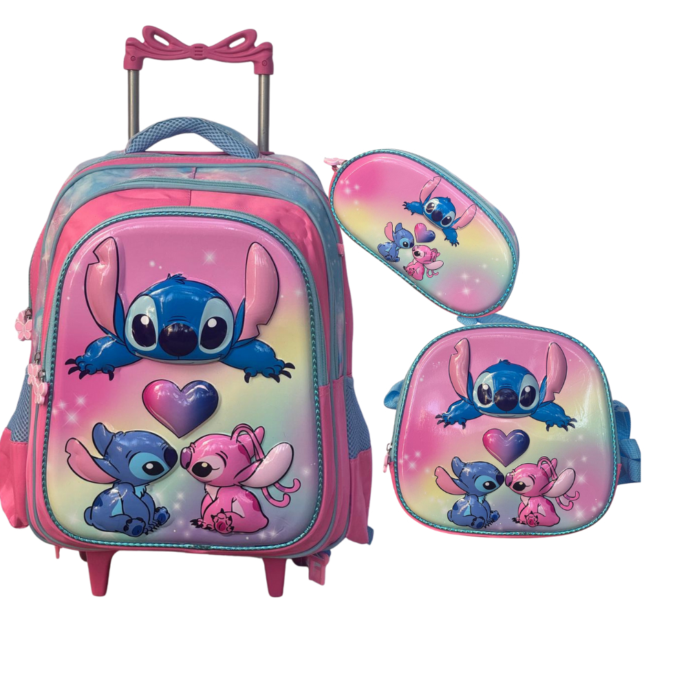 Kit 3 Pecas Mochila Escolar De Rodinhas Infantil 3d Stitch Menino E Meninas