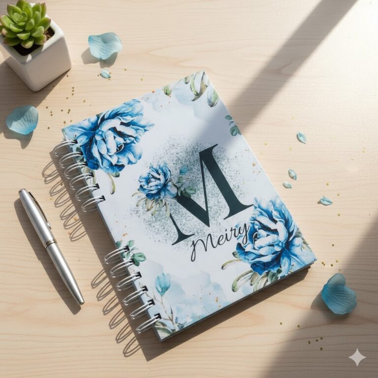 Caderno Floral Azul Personalizado Inicial Nome A5 