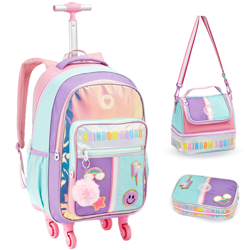 Mochila Infantil Menina Rodinha  Escolar Rainbow Holográfica Com PomPom Kit Bolsa Feminina 3pcs Lanc