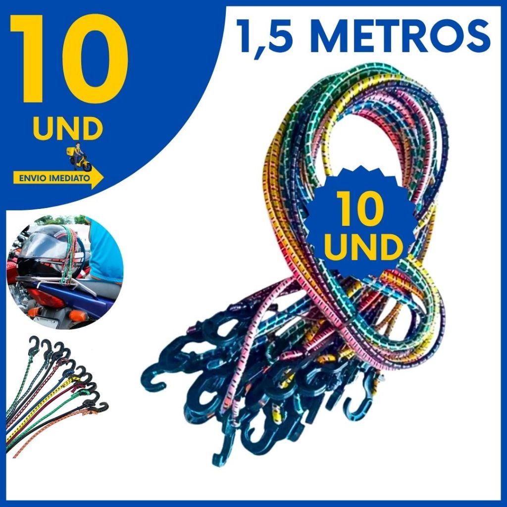 Kit 10 Elásticos 1,5 Reforçados Bagageiro com Ganchos De Plástico Ideal para Moto, Bicicleta e Carga