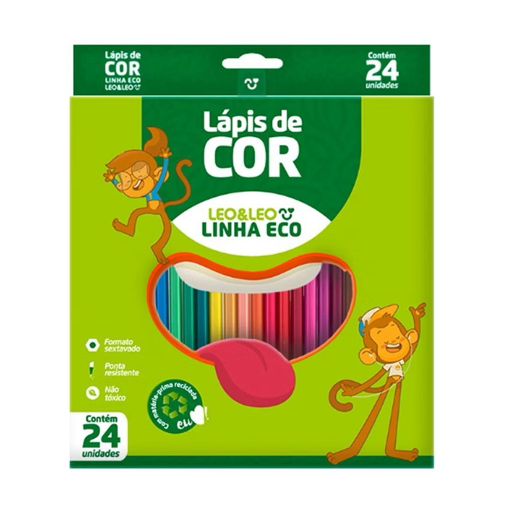 Lápis de Cor Caixa com 24 Cores Eco Escolar Sextavado LeoELeo