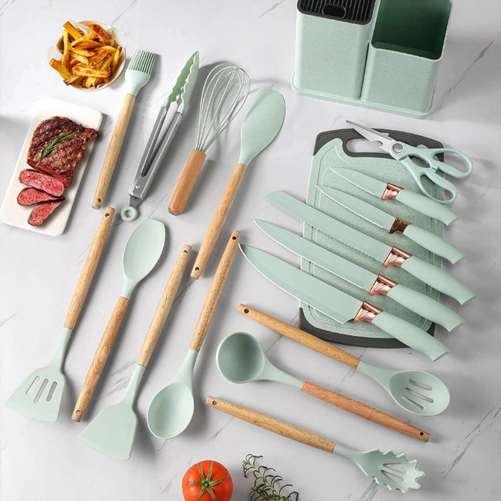 Mini Kit Completo Jogo Utensílios de Cozinha Luxo 19 Peças Com Tábua em Silicone Espátula Faca Tesou