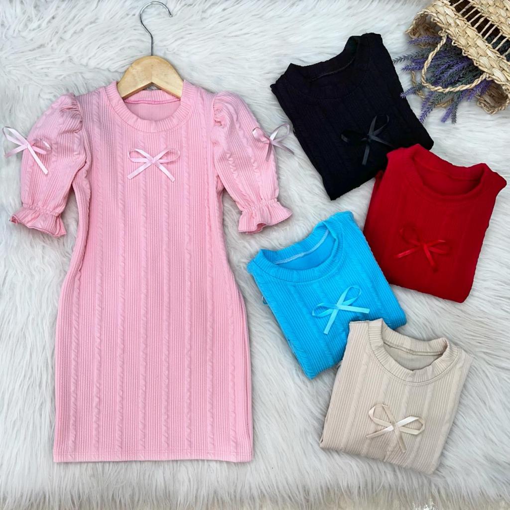 Vestido Manga Princesa com Laço Central Para Meninas Elegantes Manga Curta