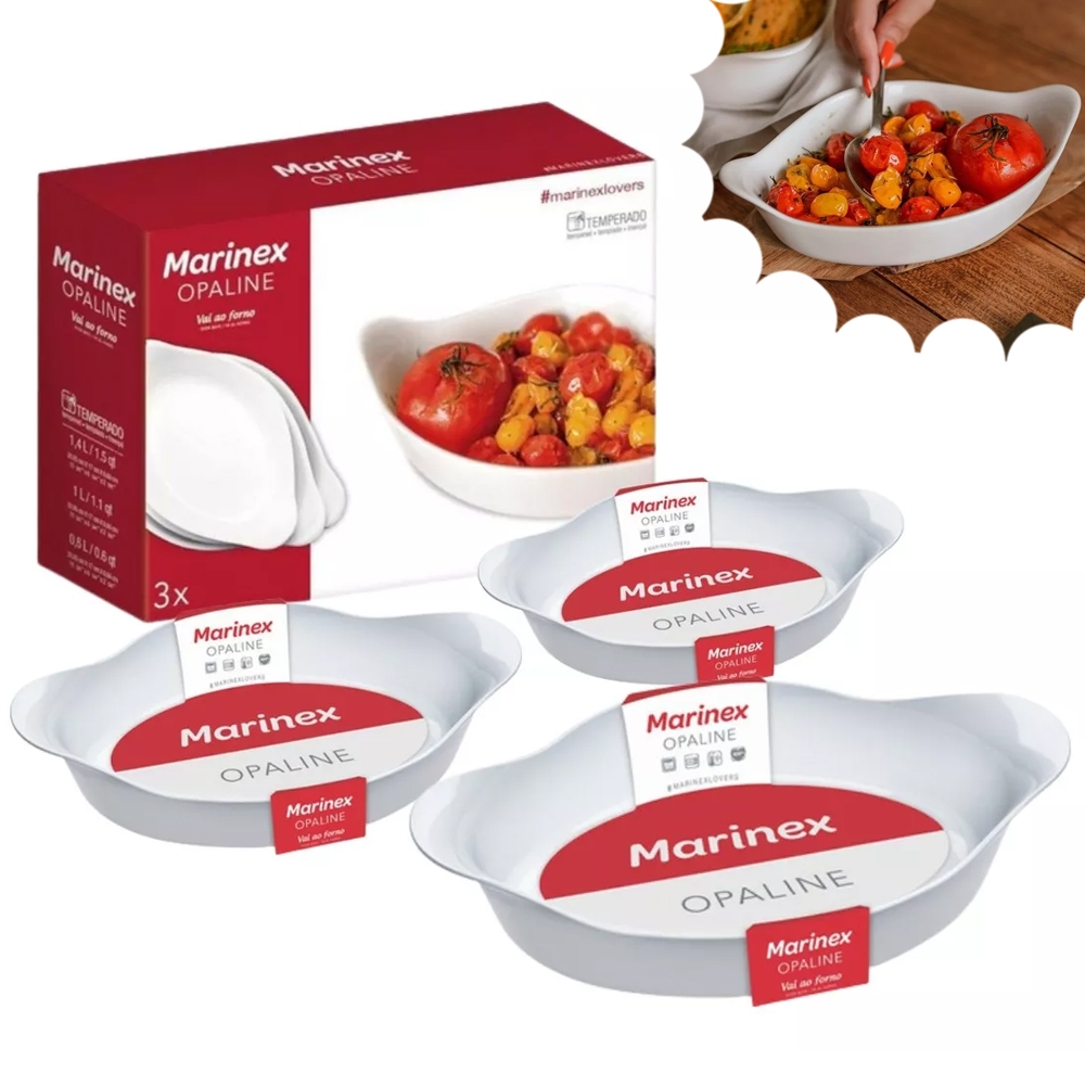 Conjunto 3 Formas Opaline Oval Jogo de Assadeira Vidro Branco Marinex PMG