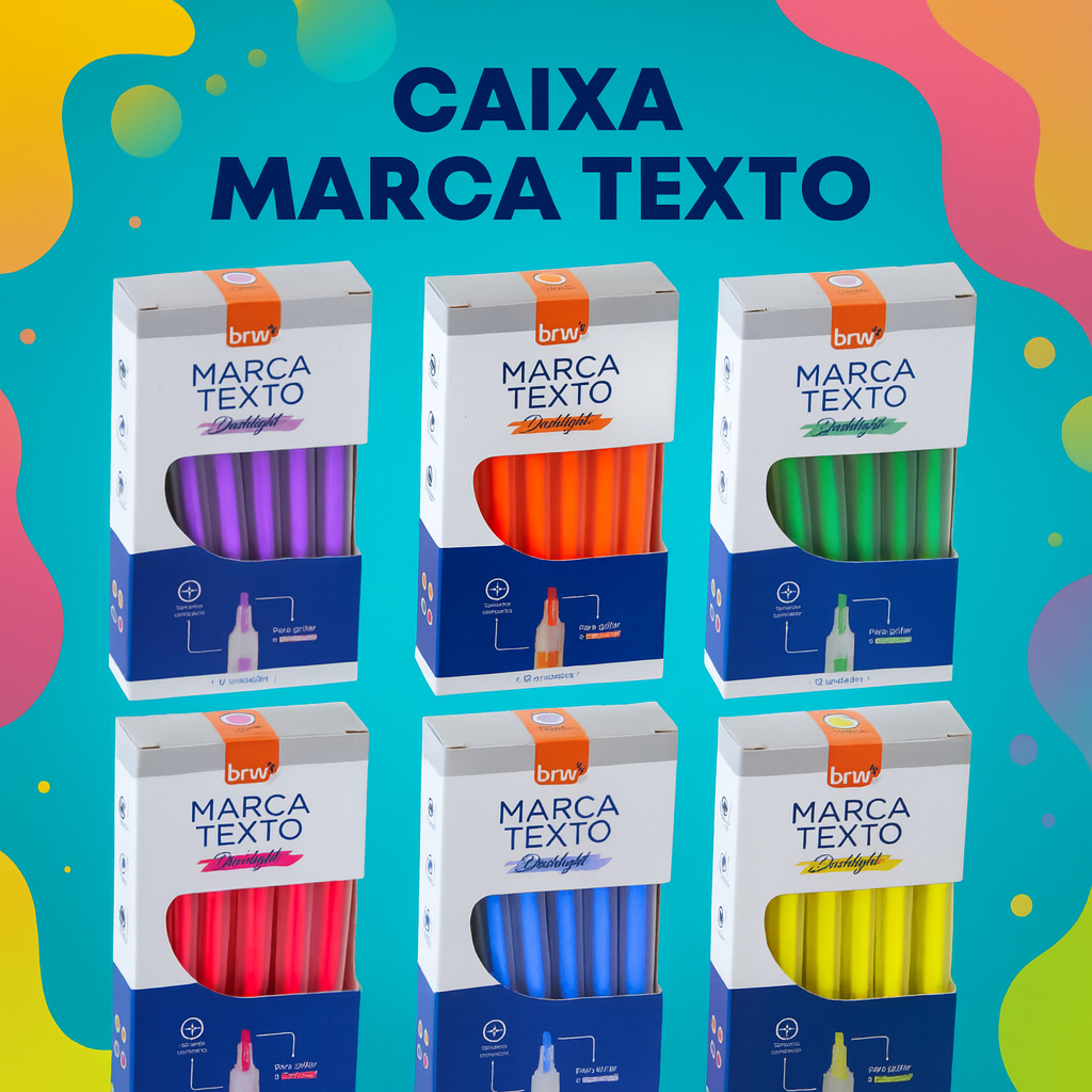 Caixa Marca Texto Fluorescente BRW 12 Unidades Ponta Chanfrada 1-4mm Escolar