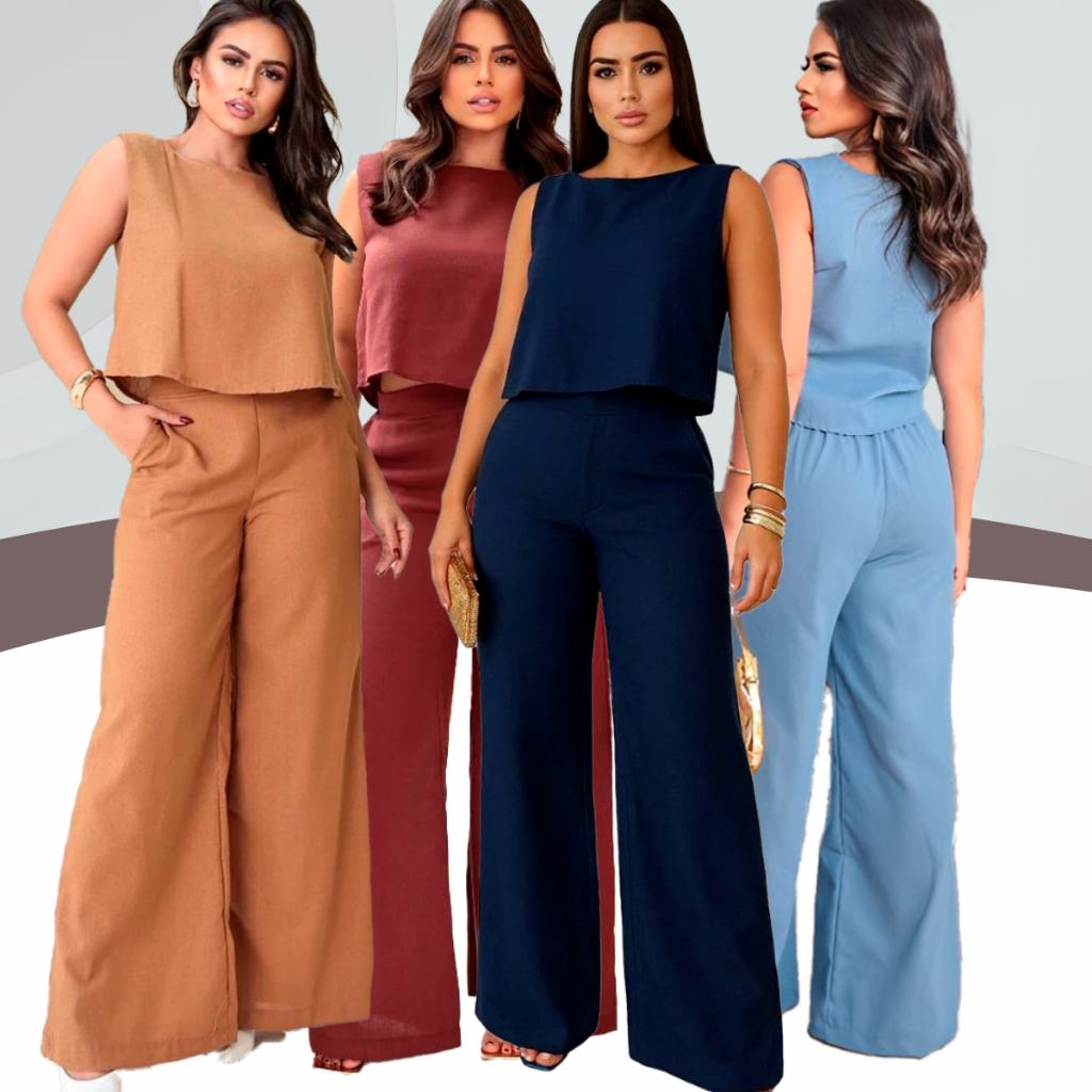 Conjunto Social Feminino Calça e Blusa Em Linho