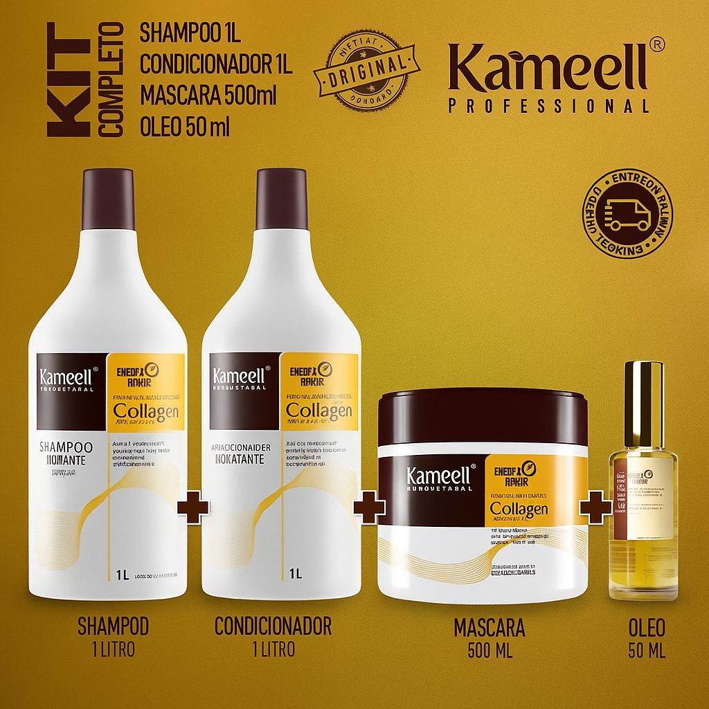 Kit Completo Kameell Professional Collagen  Cabelos Fortes, Hidratados e com Brilho de Salão