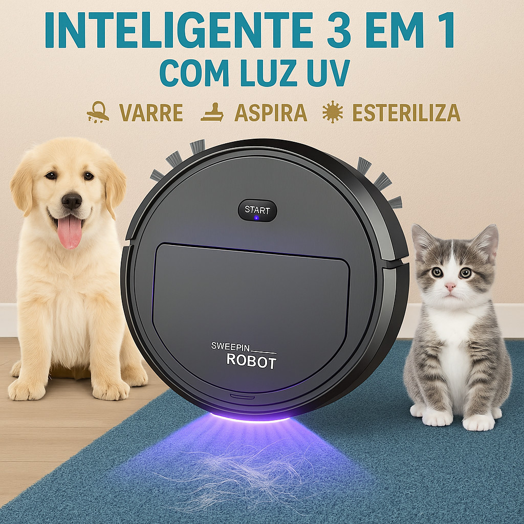 Robô Aspirador Inteligente 3 em 1 p/ Casa com Pets   Varre, Aspira e Esteriliza com Luz UV