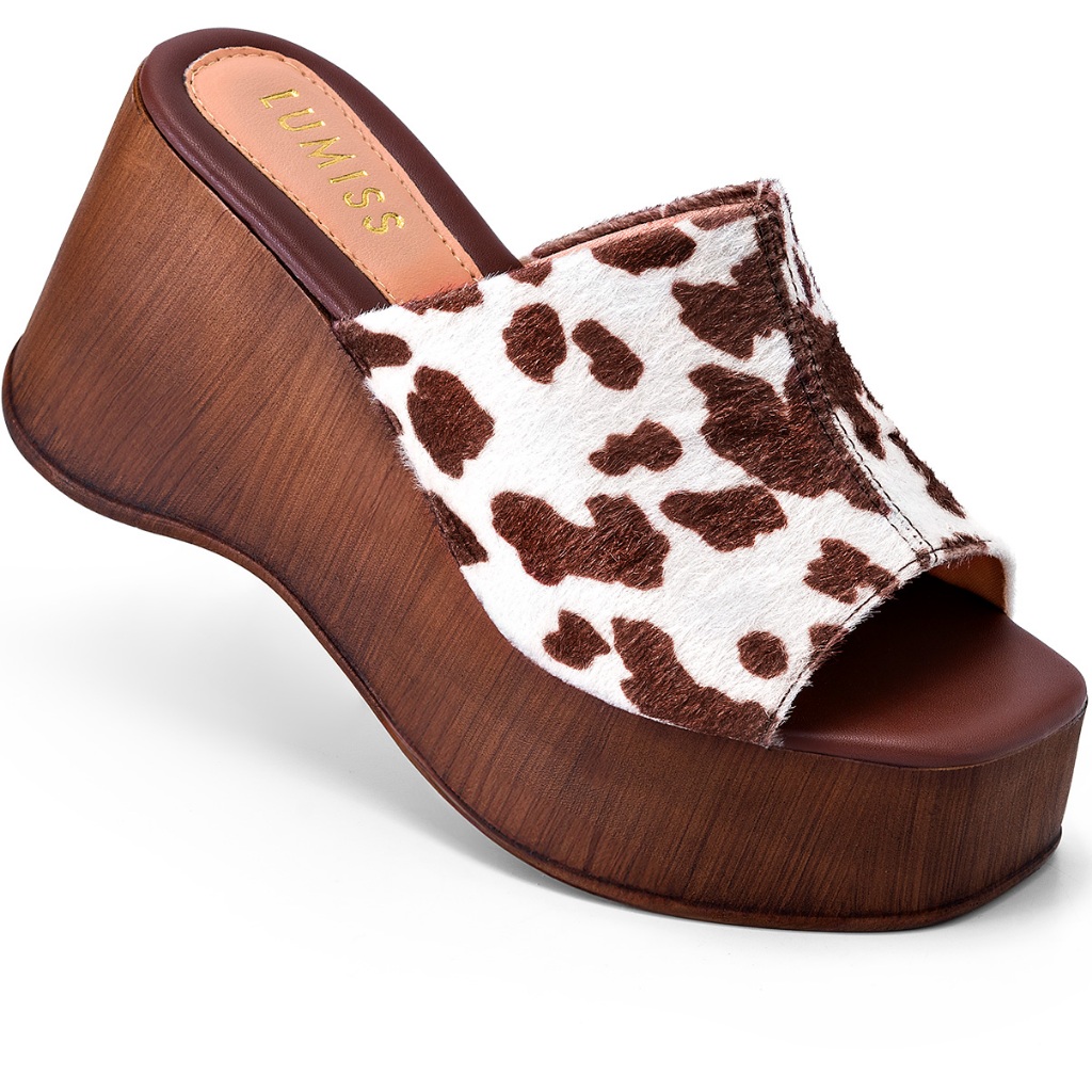 Sandália Feminina Lumiss Tamanco Anabela Plataforma Madeira Estampa Vaca Animal Print