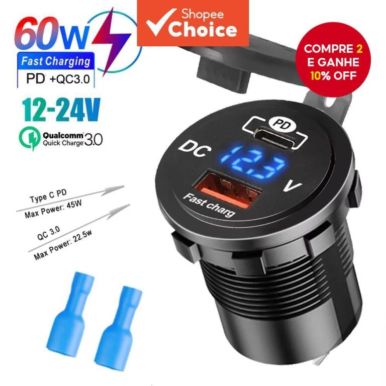 Carregador de Carro 60w com Display de Voltagem, P