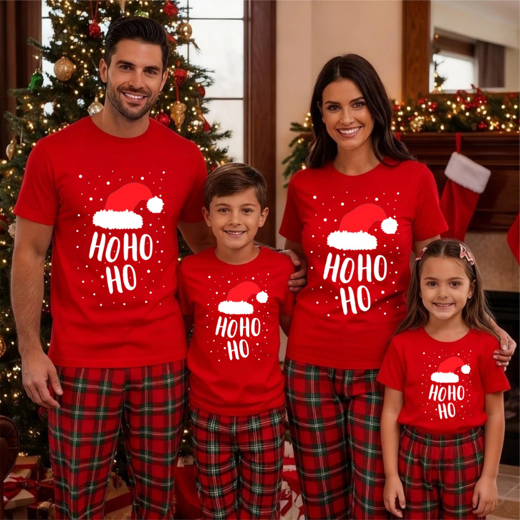 Camiseta Lançamento Unissex Em Natal Ho Ho Ho Infantil e Adulto Papai Noel feliz Natal