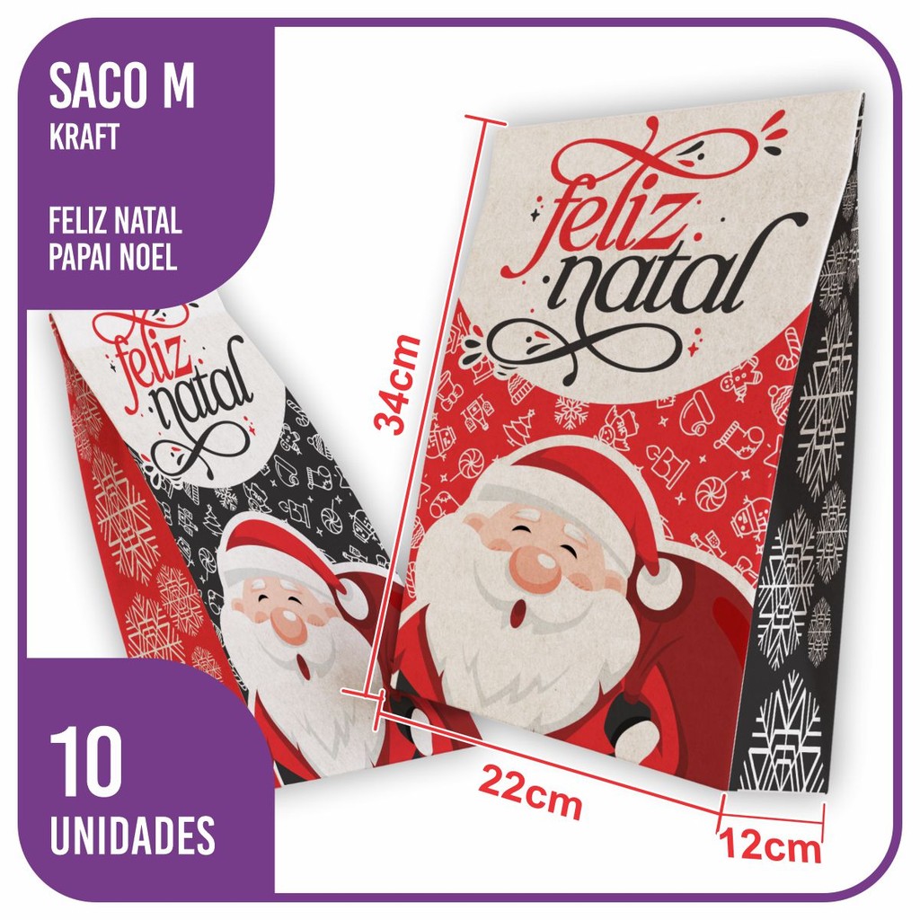 Saco Kraft Natal Papai Noel (02) 10 Unidades – 22x12x34 M