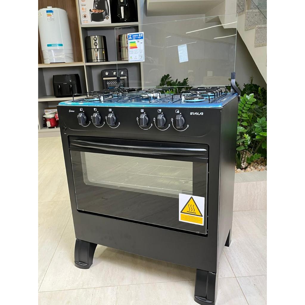 Fogão De Piso com Forno Automático Braslar 5 Bocas Carina Preto Mesa Inox