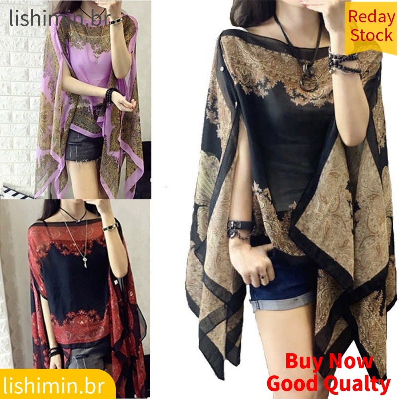 Poncho Xale Feminino Estampado Com Proteção Solar/Lenço De Sol