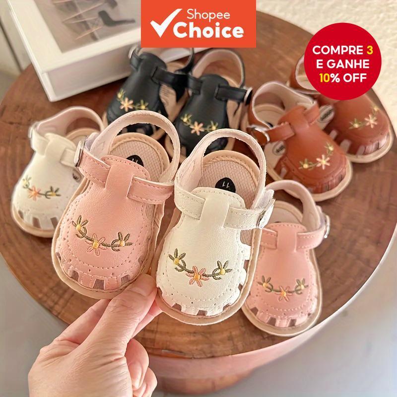 Sandálias De Verão Para Bebês De 0 A 1 Ano , Couro PU Antiderrapante , Flor Bordada , Sapatos Infant