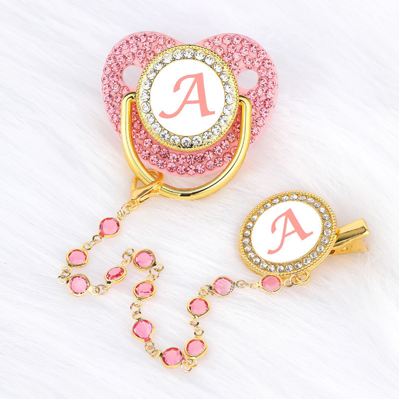 Chupeta De Bebê Rosa Com 26 Letras Iniciais E Clipe De Corrente De Diamante