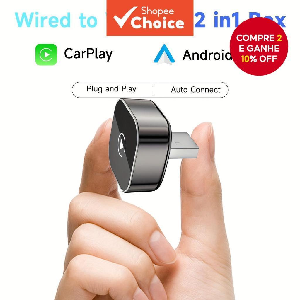 Adaptador 2 em 1 sem fio CarPlay E Android Auto, fácil configuração plug and play, uso rápido e sem