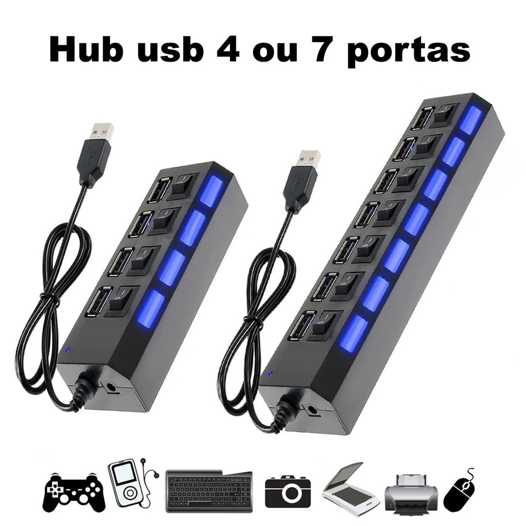 Hub Usb 2.0 7 Portas Régua Usb Extensão Usb Pen Drive Teclado 480mbps