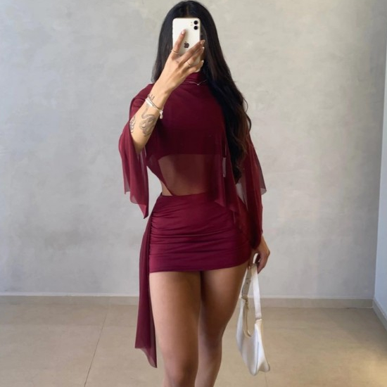 Conjunto Feminino Top e Saia com Tule Manga Longa