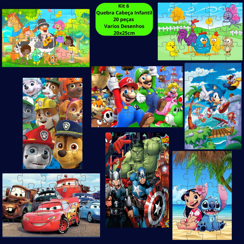 Kit 6 Quebra Cabeça Infantil 20 peças em Mdf Grande 20×25 Brinquedo Jogo de Criança Varios Desenhos