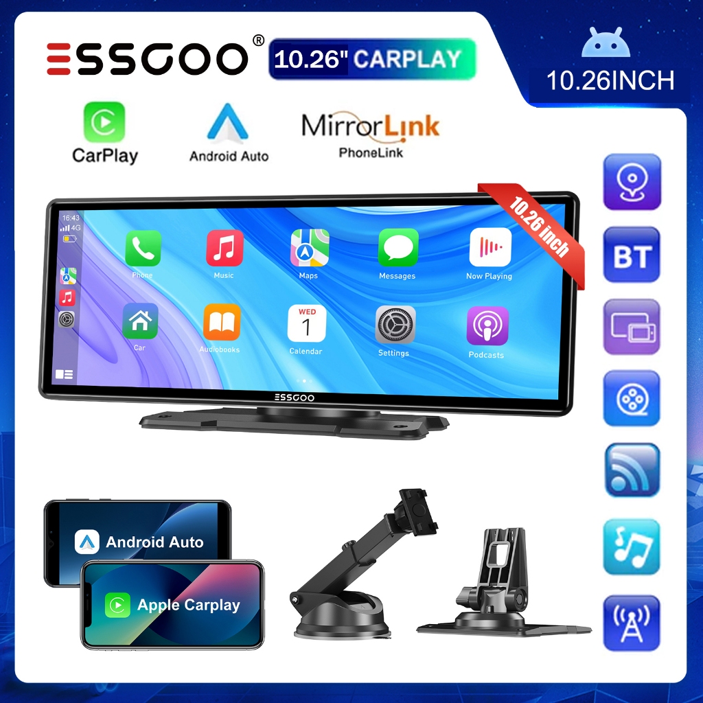 ESSGOO 10.26 Polegada CarPlay Sem Fio Android Auto Car Radio Multimídia HD Touch Screen Video Player