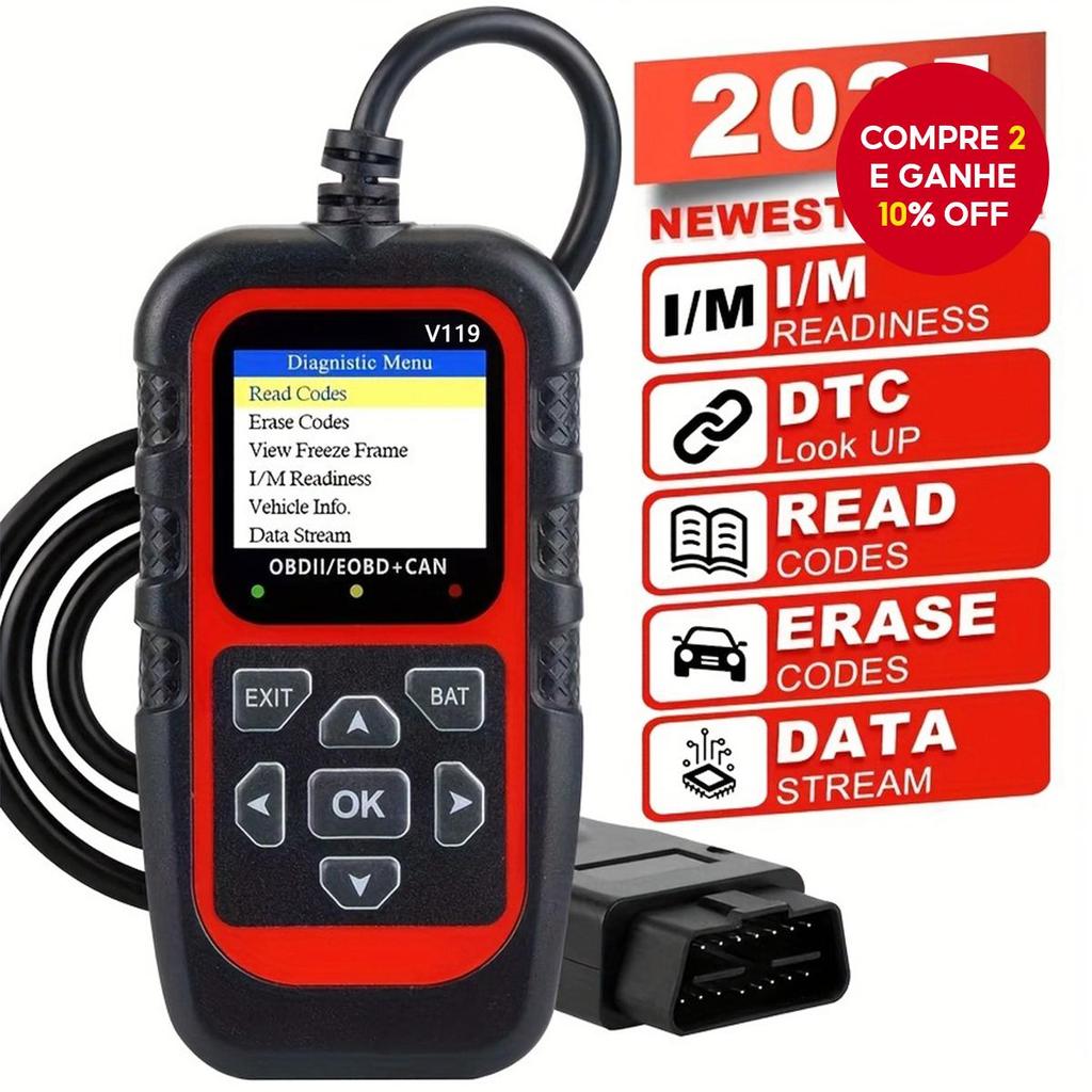 Ferramenta de diagnóstico OBD II CAN V119, scanner avançado de número de erro do motor, lê e apaga v