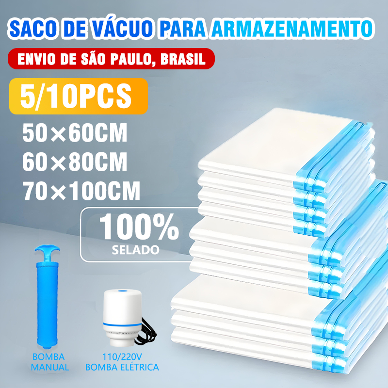 Kit Saco a Vacuo + Bomba Manual Organização de Roupas Mala Viagem Guarda Roupas