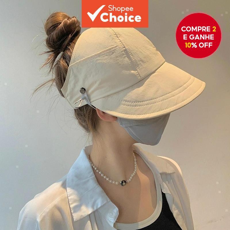 Chapéu de Sol Coreano com Aba Larga, Gancho para Máscara e Rabo de Cavalo Ajustável para Praia e Ver