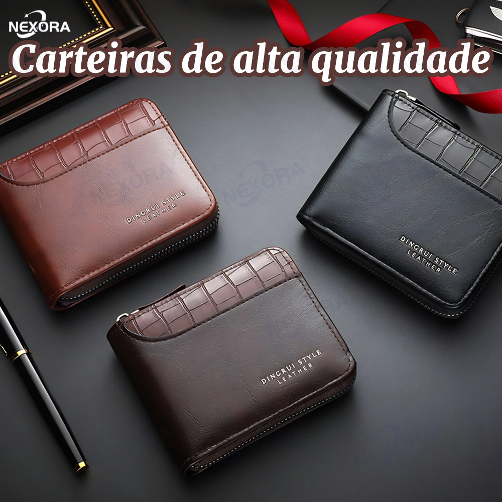 Carteira Curta Masculina Com Padrão De Pedra-Bolso Para Moedas Zíper Vários Cartões E Bordas Costura