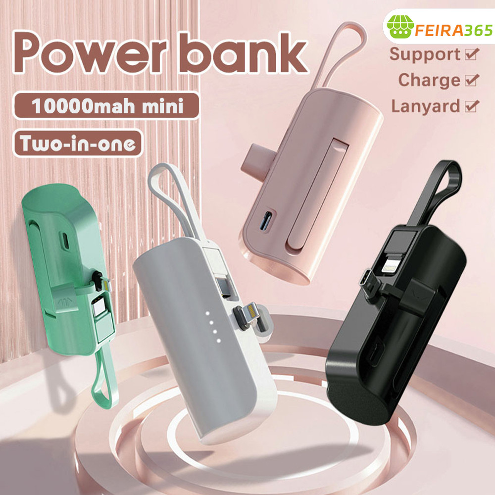 Carregador Portátil Mini 10000mAh com Recarga Sem Fio 2-em-1 para iPhone e Tipo-C