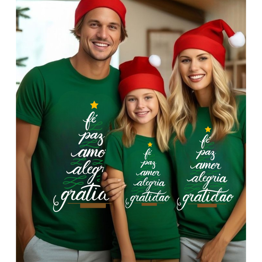 Camisetas Família Natal100% Algodão Premium Monte Seu Kit Família Fé Gratidão Cores Vermelha e Verde
