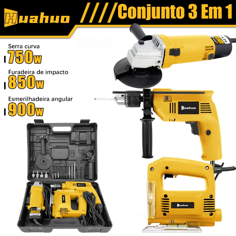 KIT 3 Furadeira Parafusadeira E Lixadeira Esmerilhadeira E Serra Tico Tico Com Peças E Maleta
