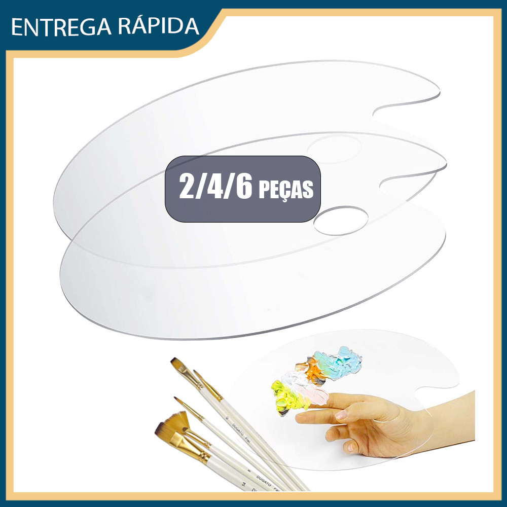 2/4/6x Paleta de tinta acrílica com orifício para o polegar Paleta oval transparente para pintura a