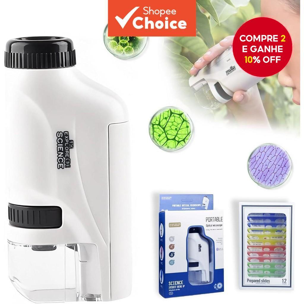 Novo Mini Microscópio de Bolsa 60-120X para Crianças com Lâmpada LED, Microscópio Manual para Labora