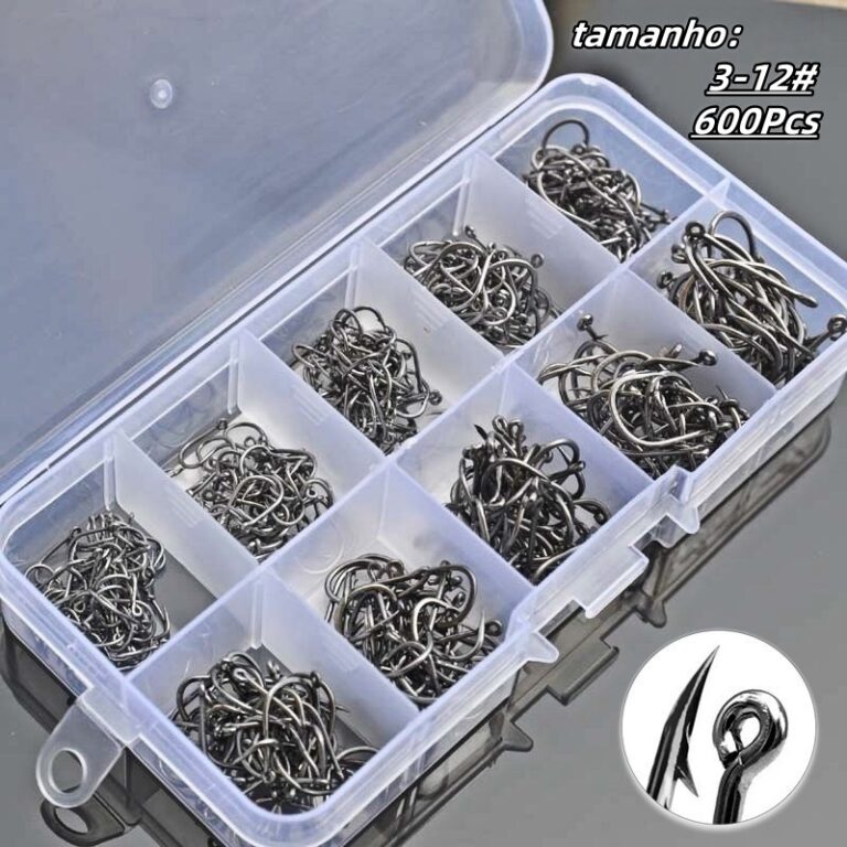 Kit Com 600 Anzóis Aço Carbono + Caixa Pesca Anz