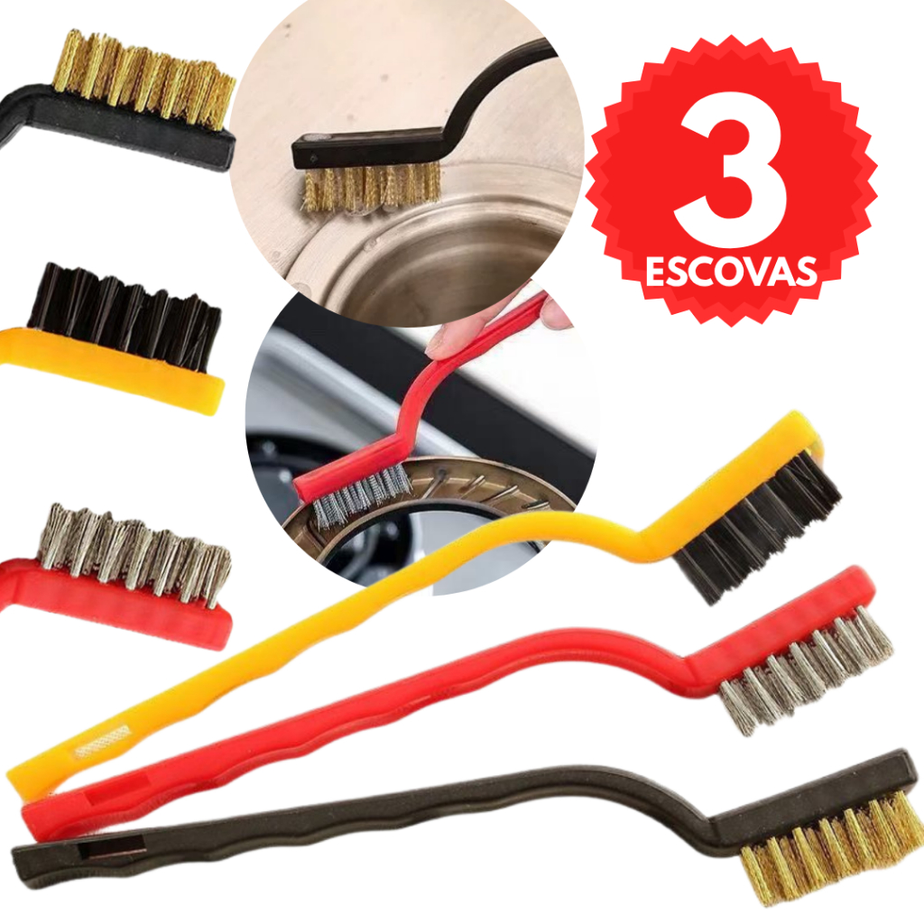Kit Escovas de Aço Multiuso Aço Latão Nylon Cabo Plástico Limpeza Forno Grelha Fogão Churrasqueira