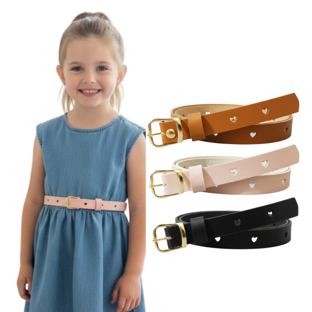 Kit 3 Cintos Infantil Fino Feminino Delicado com Coração para Meninas Fivela Dourada – Manuzinha