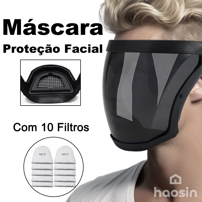 Máscara de Proteção Facial Completa Transparente à Prova de Poeira com Óculos + 10 Esponjas de Filtr