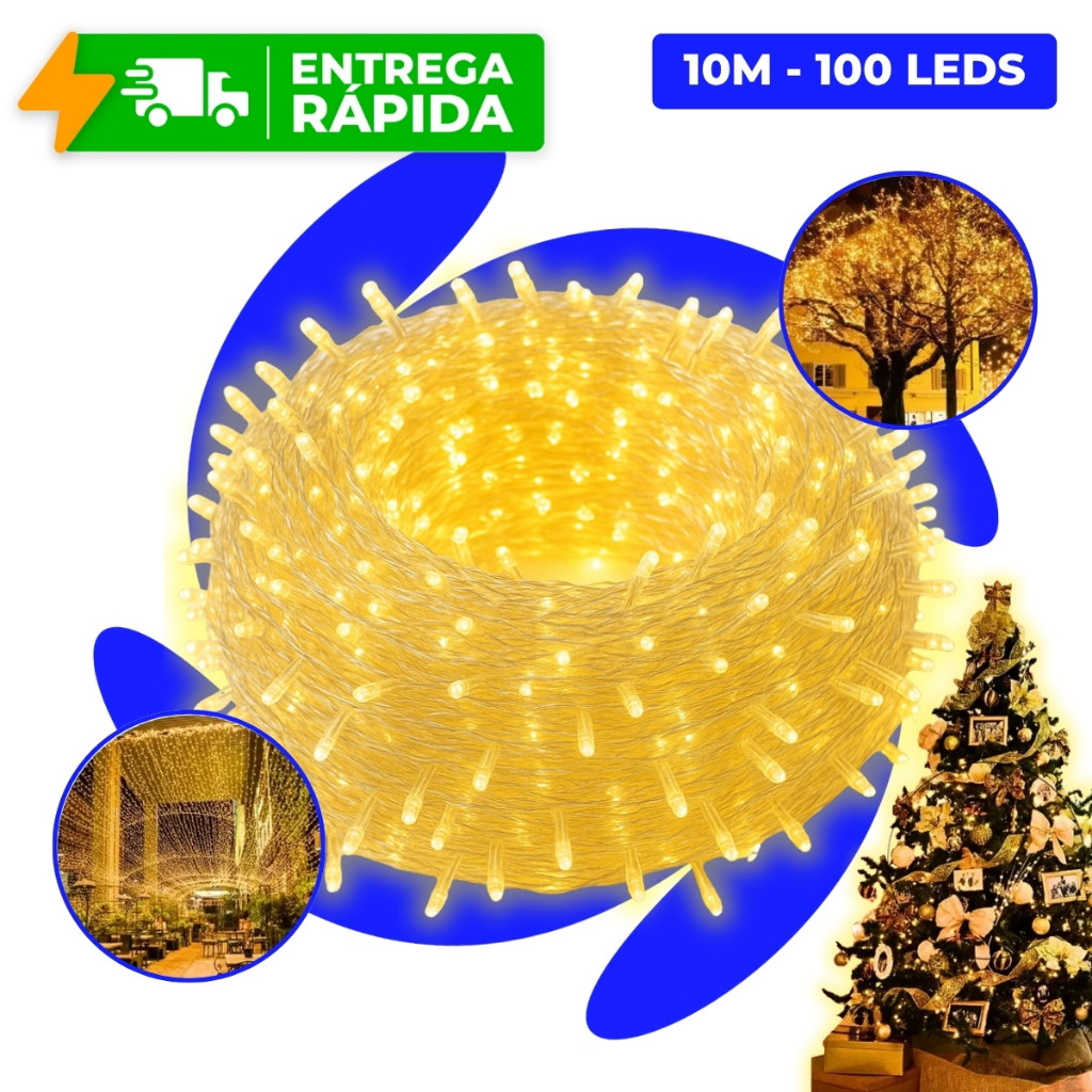 Pisca Pisca 100 LEDs 10m 8 Funções Natal Fio Transparente Branco Quente 127V Cordão Janela Árvore