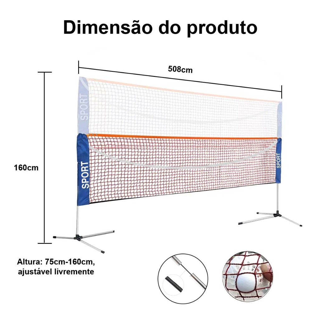 Rede Simples de Badminton, Altura Ajustável 75/118/160cm