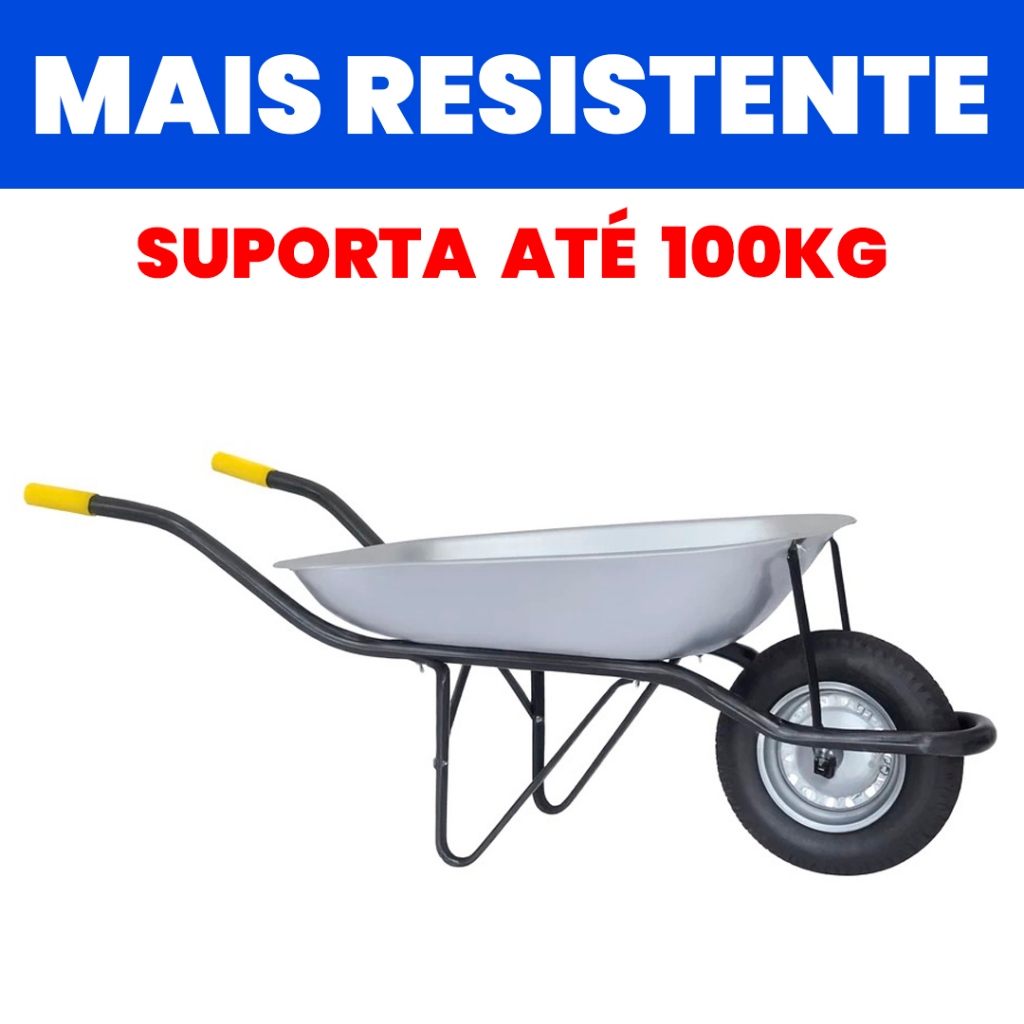 Carrinho de Mão com Pneu + Câmara Caçamba 100kg Resistente P/ Obra Construção Galvanizado Reforçado