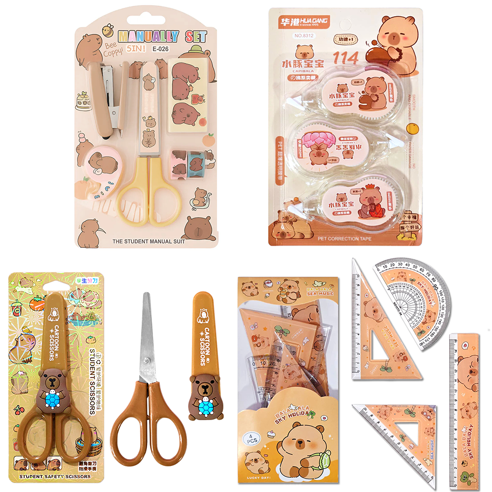 Kit Escolar Manual Capivara Feliz Kawaii Desenho Animado Infantil Conjunto Materiais Régua Grampeado