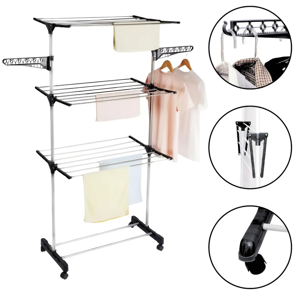 Varal De Chão 3 Andares Preto Multiuso Grande Roupas Calcinha Vertical Dobrável Retrátil Aço 4 Rodas
