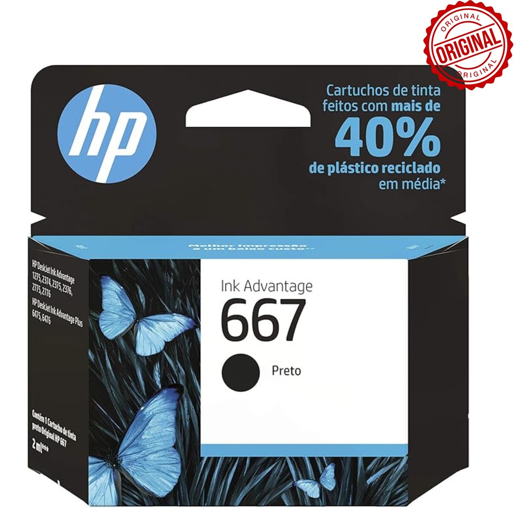 Cartucho de Tinta HP 667 Preto ORIGINAL Compatível HP Deskjet: 1275 / 2374 / 2375 / 2376 / 2775 / 27