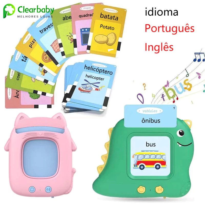 Cartão de Aprendizagem Infantil Bilíngue PT EN com Som 224 Palavras Brinquedos Educativo para Crianç