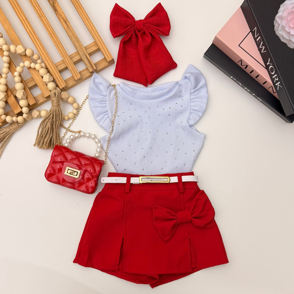 Conjunto 2 Peças  Infantil Menina Cropped  Short Saia Moda Bloguerinha Casual Fashion Look Natal Ano