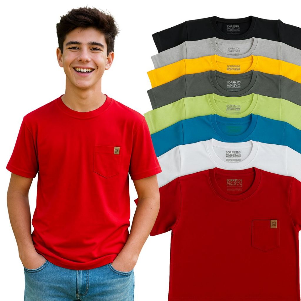 Camiseta Infantil e Juvenil Masculina Manga Curta com Bolso 100% Algodão Lisa 2 a 14 Anos Confortáve