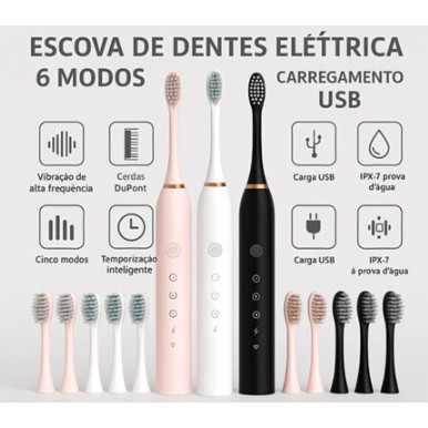 Escova de Dentes Elétrica IPX7 com 4 Cabeças de 
