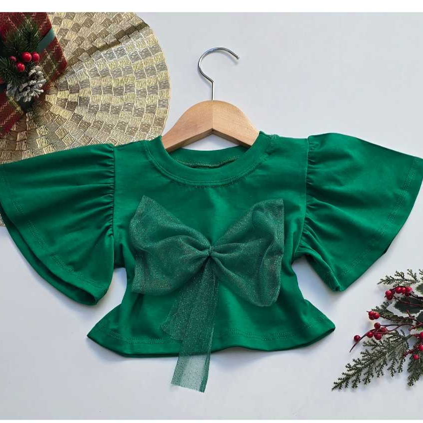 Blusinha com Laço em Tule Manga Princesa e Estilo Natalino Cropped com Laço Fashion e Confortável