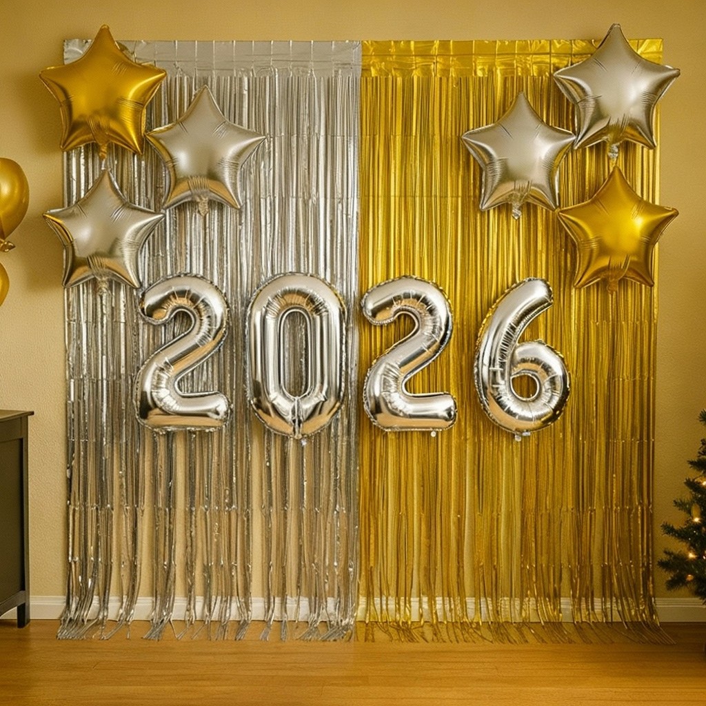 Kit Decoração 2026 Ano Novo 2 Cortinas Metalizadas 1x2m Toalha 6 Balões Estrela 10 Festas Eventos